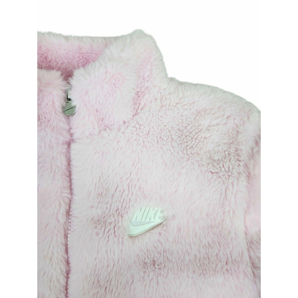 Nike Girls Faux Fur Fuzzy Swoosh Bomber Jacket Pink Size 5-6 Medium - Picture 3 of 8